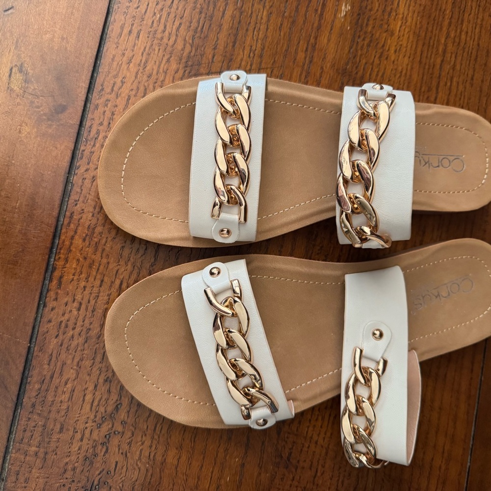 Corkys White Chain-Accent Slide Sandals